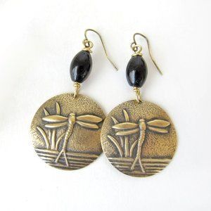 Handmade Gold Brass Dragonfly Earrings with Black Beads - Earthy Nature Jewelry
